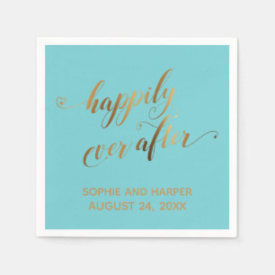 Gold Happily Ever After Hearts Script on Turquoise Napkin