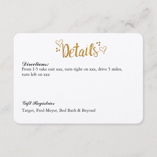 Gold Happily Ever After Wedding Details Card (Front)
