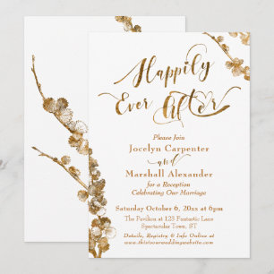 Gold Happily Ever After with Botanicals on White Invitation