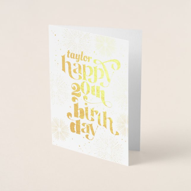 Gold Happy 20th Birthday With Name Greeting Card (Front)