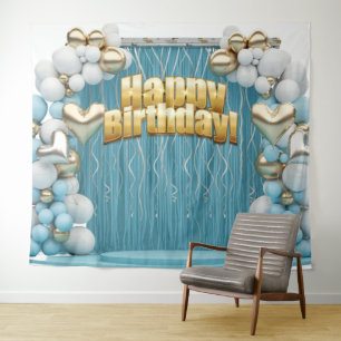 Gold Happy Birthday Banner Backdrop Wall Art Tapestry