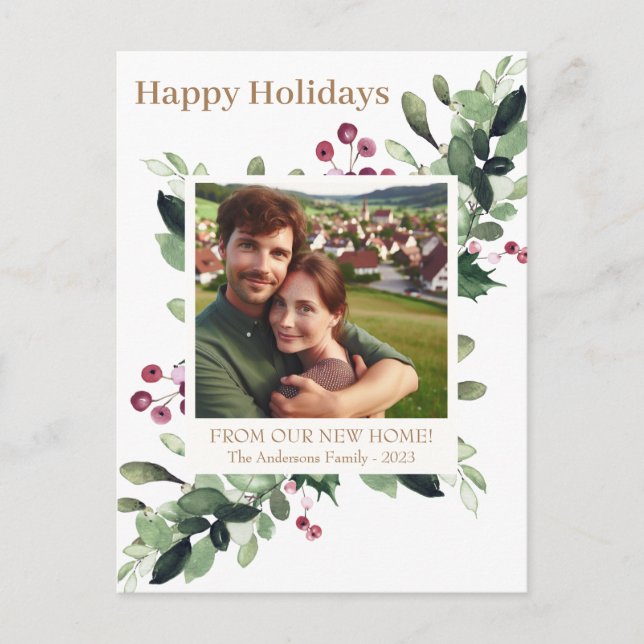 Gold Happy Holiday Greenery Berries New Home Announcement Postcard (Front)