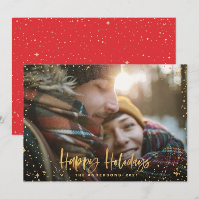 Gold happy holidays 1 photo modern red Christmas  Holiday Card (Front/Back)