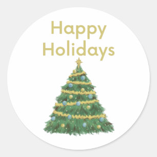 Gold Happy Holidays and Christmas Tree Classic Round Sticker