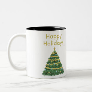 Gold Happy Holidays and Christmas Tree Two-Tone Coffee Mug