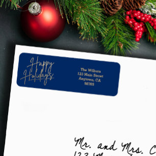 Gold Happy Holidays Blue Return Address Label