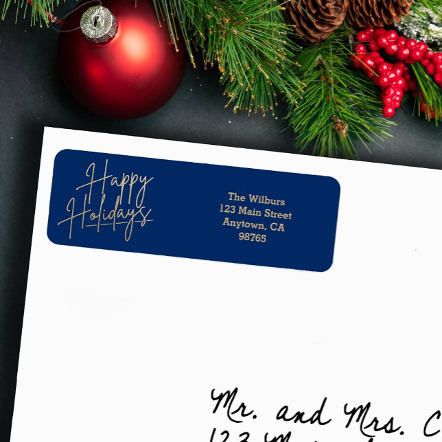 Gold Happy Holidays Blue Return Address Label (Gold script Happy Holidays on small blue horizontal return address labels)