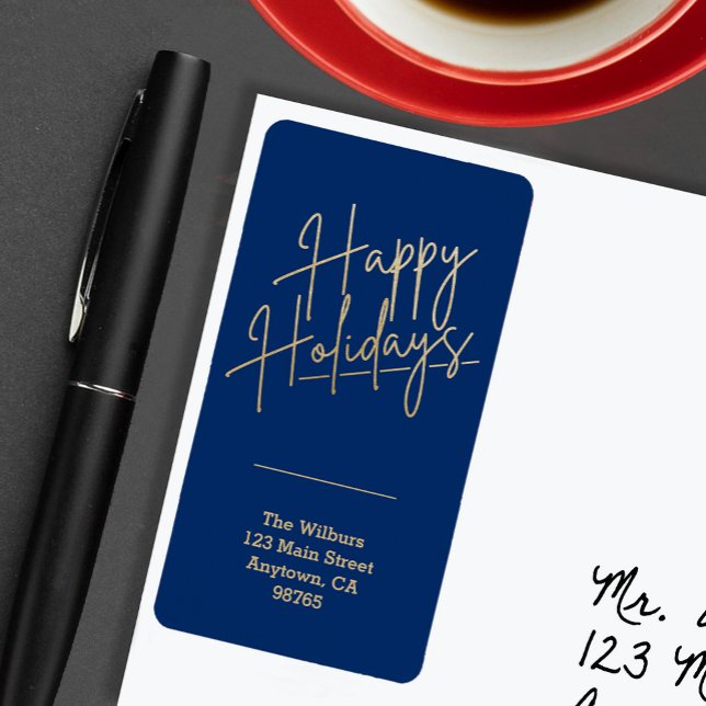 Gold Happy Holidays Blue Return Address Label (Gold script Happy Holidays on blue vertical return address labels)