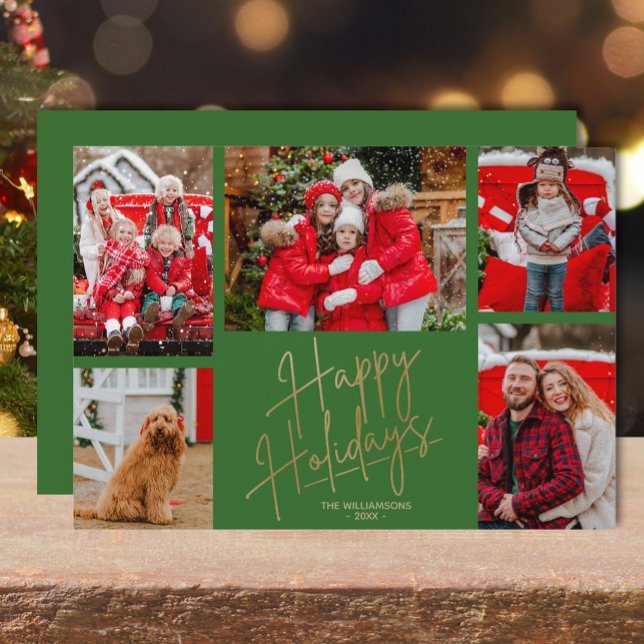 Gold Happy Holidays Five Photos Green Holiday Card (Gold Happy Holidays five photos on green flat greeting cards)