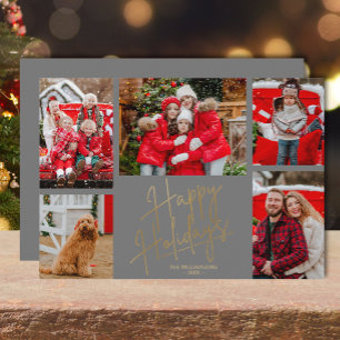 Gold Happy Holidays Five Photos Grey Holiday Card