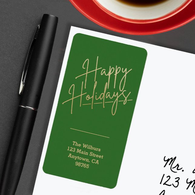 Gold Happy Holidays Green Return Address Label (Gold script Happy Holidays on green vertical return address labels)