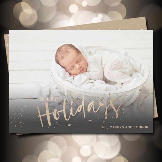 Gold Happy Holidays Photo Birth Announcements (Creator Uploaded)