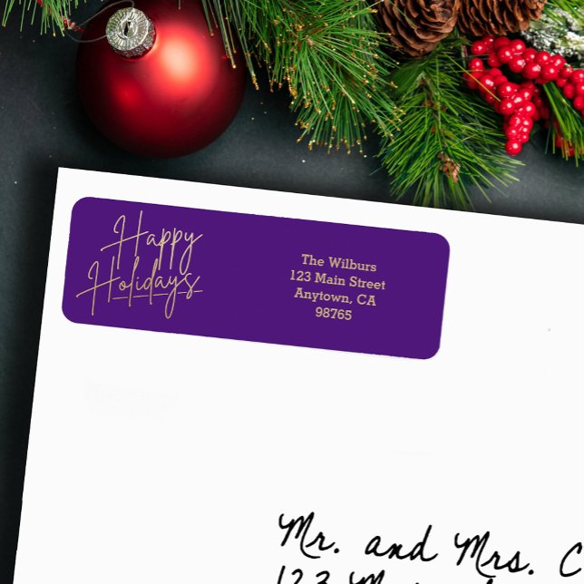 Gold Happy Holidays Purple Return Address Label (Gold script Happy Holidays on small purple horizontal return address labels)