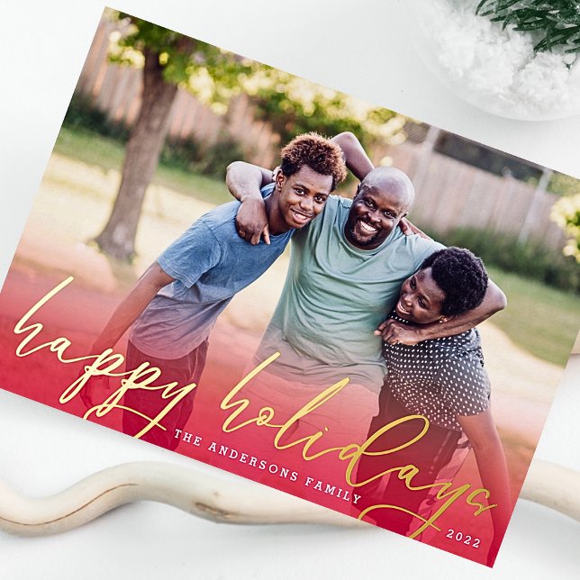 GOLD Happy Holidays Red Gradient Christmas Photo Foil Holiday Card (Creator Uploaded)