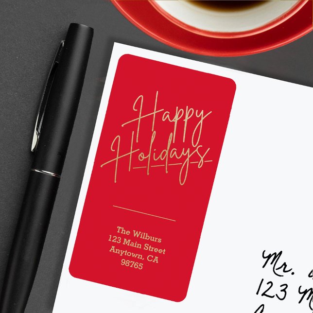 Gold Happy Holidays Red Return Address Label (Gold script Happy Holidays on red vertical return address labels)