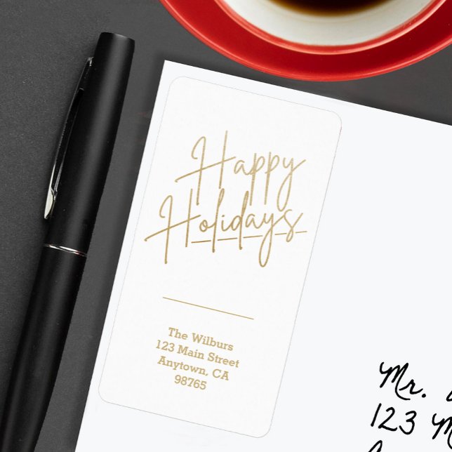Gold Happy Holidays Return Address Label (Gold script Happy Holidays on white vertical return address labels)