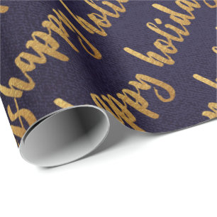 Gold Happy Holidays Script Deep Blue Navy Wrapping Paper