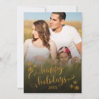 Gold Happy Holidays Script with Photo & Snowflakes