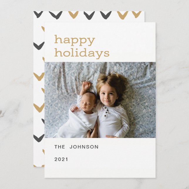 gold happy holidays simple photo holiday cards (Front/Back)