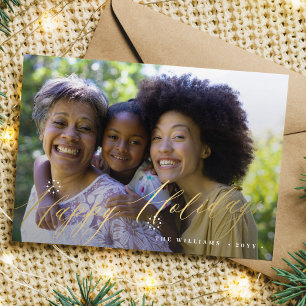 Gold Happy Holidays snowflakes photo Holiday Card