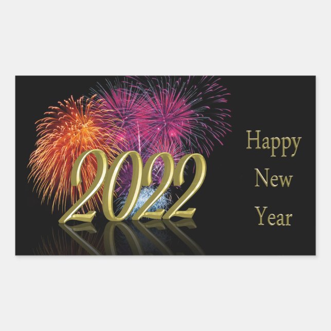 Gold Happy New Year 2022 Fireworks Rectangular Sticker (Front)