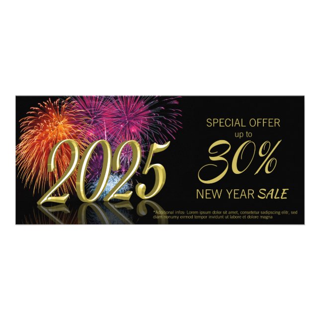 Gold Happy New Year 2025 Fireworks Discount Card (Front)