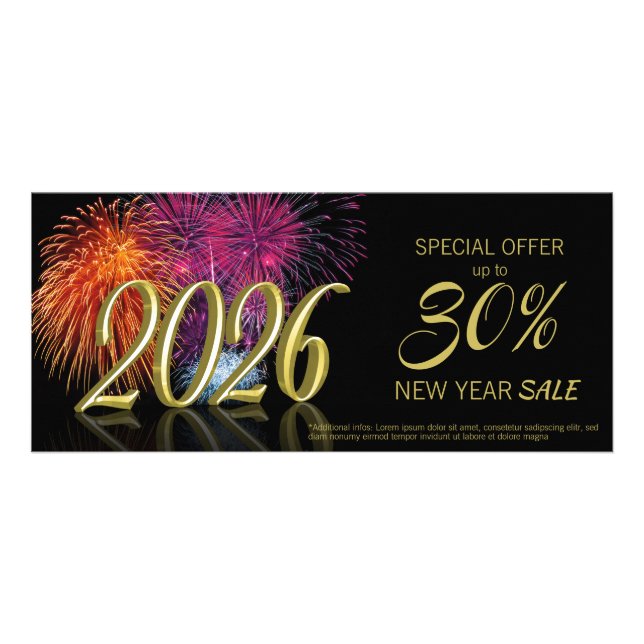 Gold Happy New Year 2026 Fireworks Discount Card (Front)