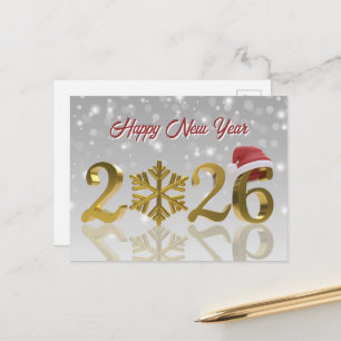 Gold Happy New Year 2026 Santa Hat and Snowflake Holiday Postcard