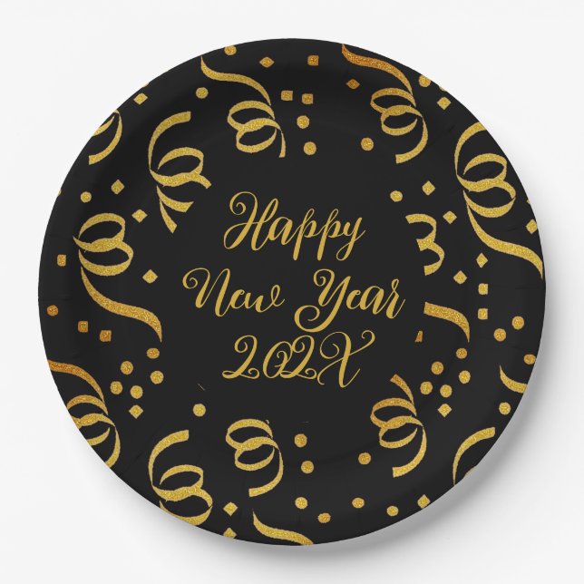 Gold Happy New Year Custom Wording Confetti Paper Plate (Front)