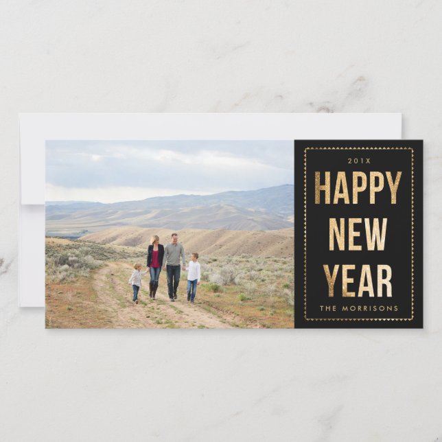 Gold Happy New Year Faux Glitter on Black Holiday Card (Front)