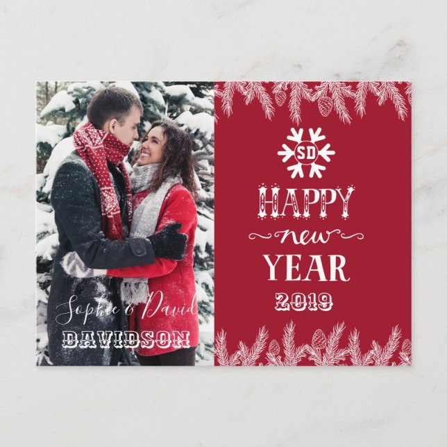 Gold Happy New Year Pine Custom Photo Invitation Postcard (Front)