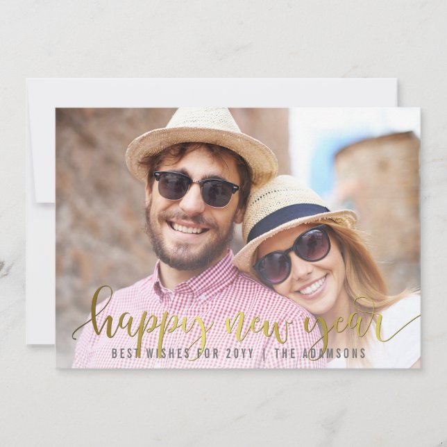 Gold Happy New Year Script | Custom Photo Holiday Card (Front)