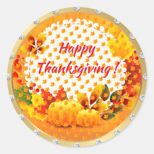 Gold Happy Thanksgiving Fall Classic Round Sticker