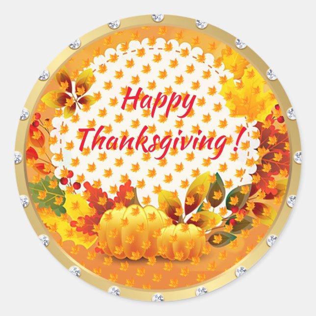Gold Happy Thanksgiving Fall Classic Round Sticker (Front)