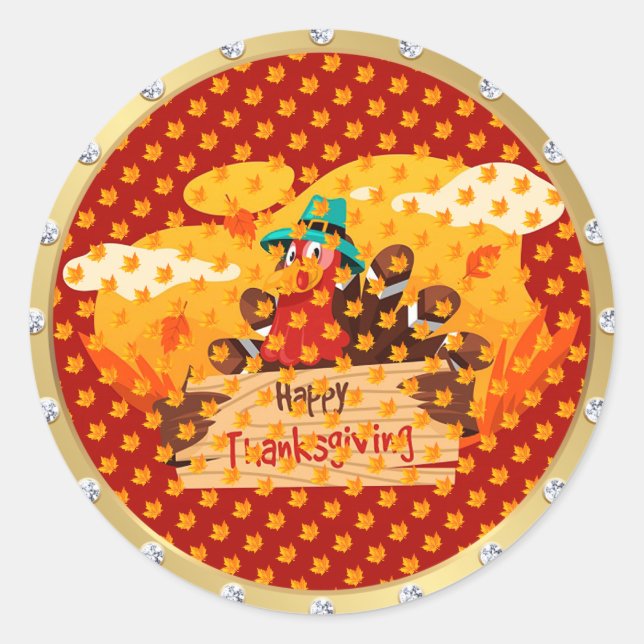 Gold Happy Thanksgiving Fall Classic Round Sticker (Front)