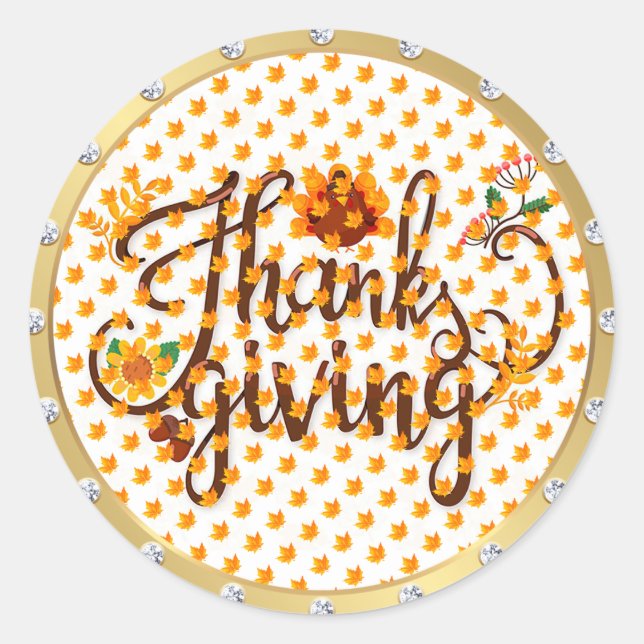 Gold Happy Thanksgiving Fall Classic Round Sticker (Front)