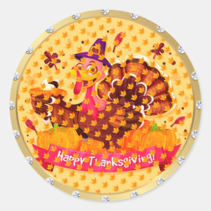 Gold Happy Thanksgiving Fall Classic Round Sticker