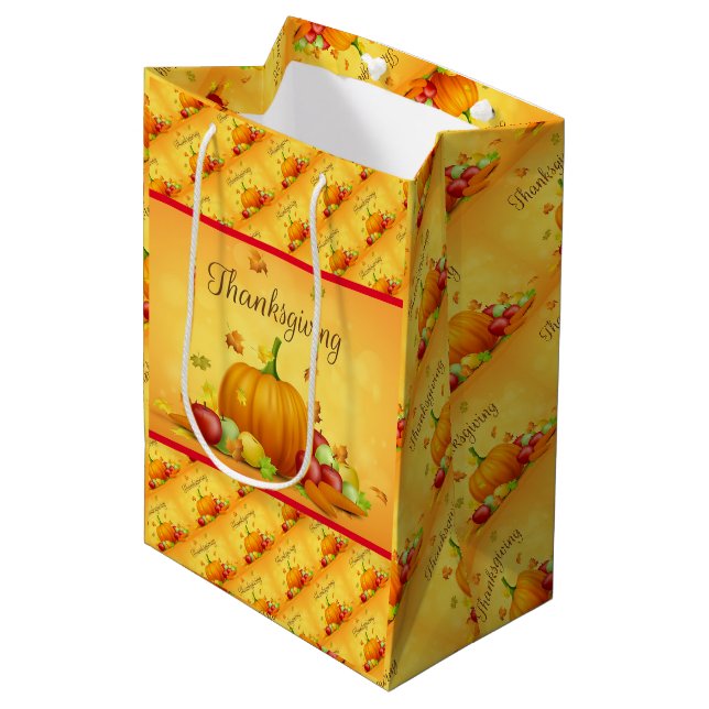 Gold Happy Thanksgiving Fall Gift Medium Gift Bag (Front Angled)