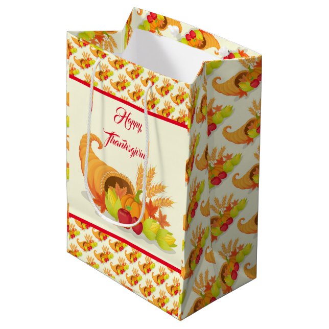 Gold Happy Thanksgiving Fall Gift Medium Gift Bag (Front Angled)