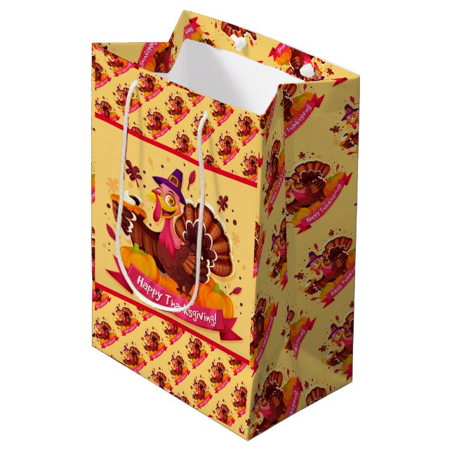 Gold Happy Thanksgiving Fall Gift Medium Gift Bag (Front Angled)