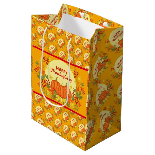 Gold Happy Thanksgiving Fall Gift Medium Gift Bag (Front Angled)