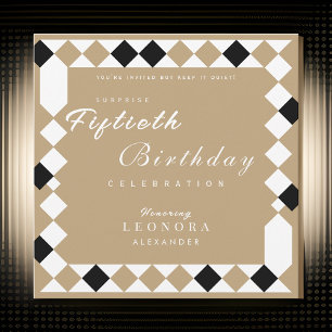 Gold Harlequin Diamond Pattern Surprise Birthday Invitation