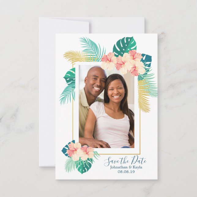 Gold Hawaiian Hibiscus Wedding Save the Date (Front)