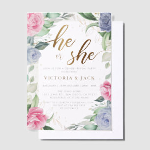 Gold He or She Floral Greenery Gender Reveal Vellum Invitations
