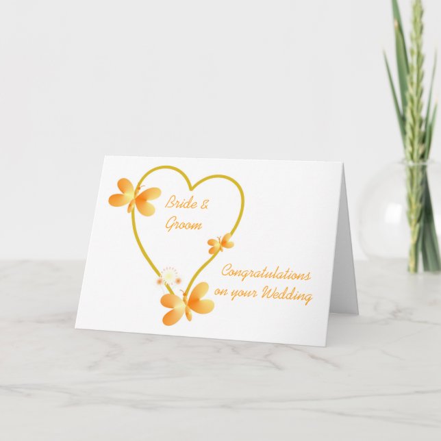 Gold Heart And Butterflies Wedding Card (Front)