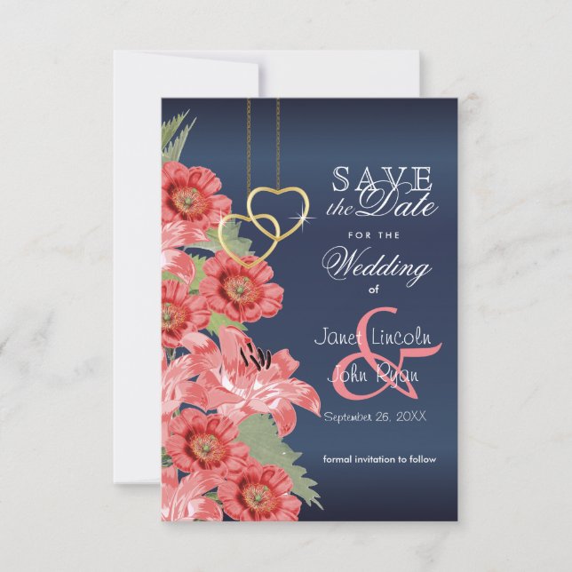 Gold Heart and Coral Flowers - Save The Date (Front)