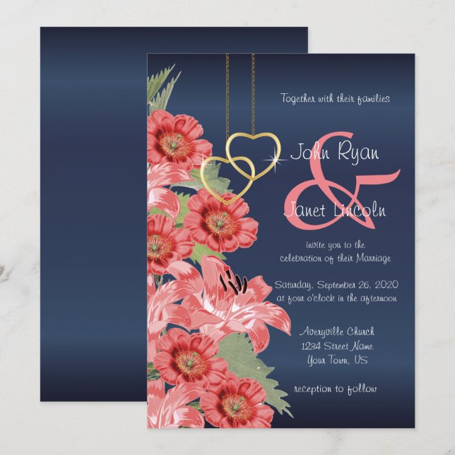 Gold Heart and Coral Flowers Wedding Invitations (Front/Back)