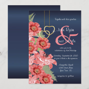 Gold Heart and Coral Flowers Wedding Invitations