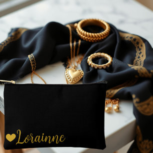 Gold heart and name personalised accessory pouch