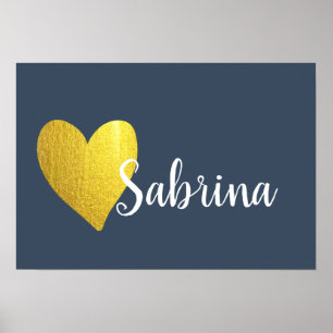 Gold Heart and Navy Personalised Cursive Poster